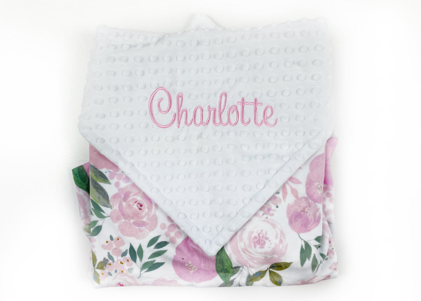 Personalized Baby Blanket, White with Pink Flowers Minky, Plush Newborn Baby Blanket, Keepsake Gift for Girls, Embroidered Name Blanket