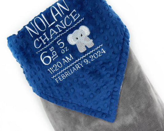 Birth Stats Blanket, Midnight Blue and Gray Minky, Elephant Birth Stats, Newborn Gift for Boy, Personalized Gift for Baby, Zoo Animal Decor