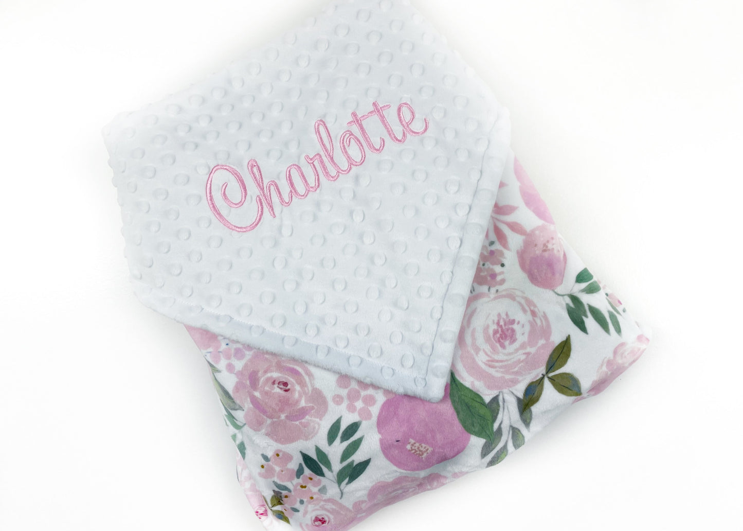 Personalized Baby Blanket, White with Pink Flowers Minky, Plush Newborn Baby Blanket, Keepsake Gift for Girls, Embroidered Name Blanket