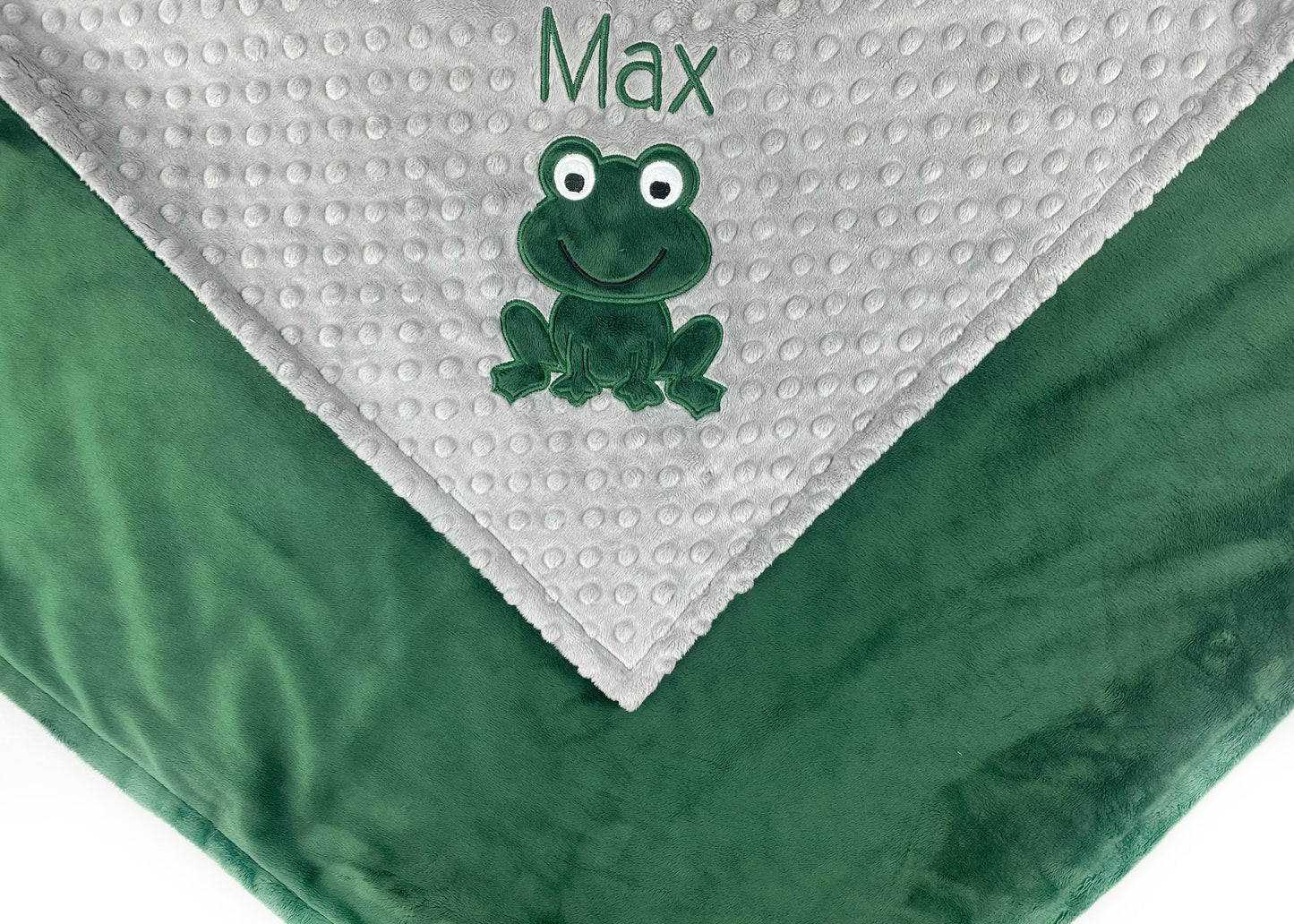 Frog Baby Blanket, Green and Gray Minky, Embroidered Name or Birth Stats, Plush Keepsake Gift, Personalized Gift for Baby