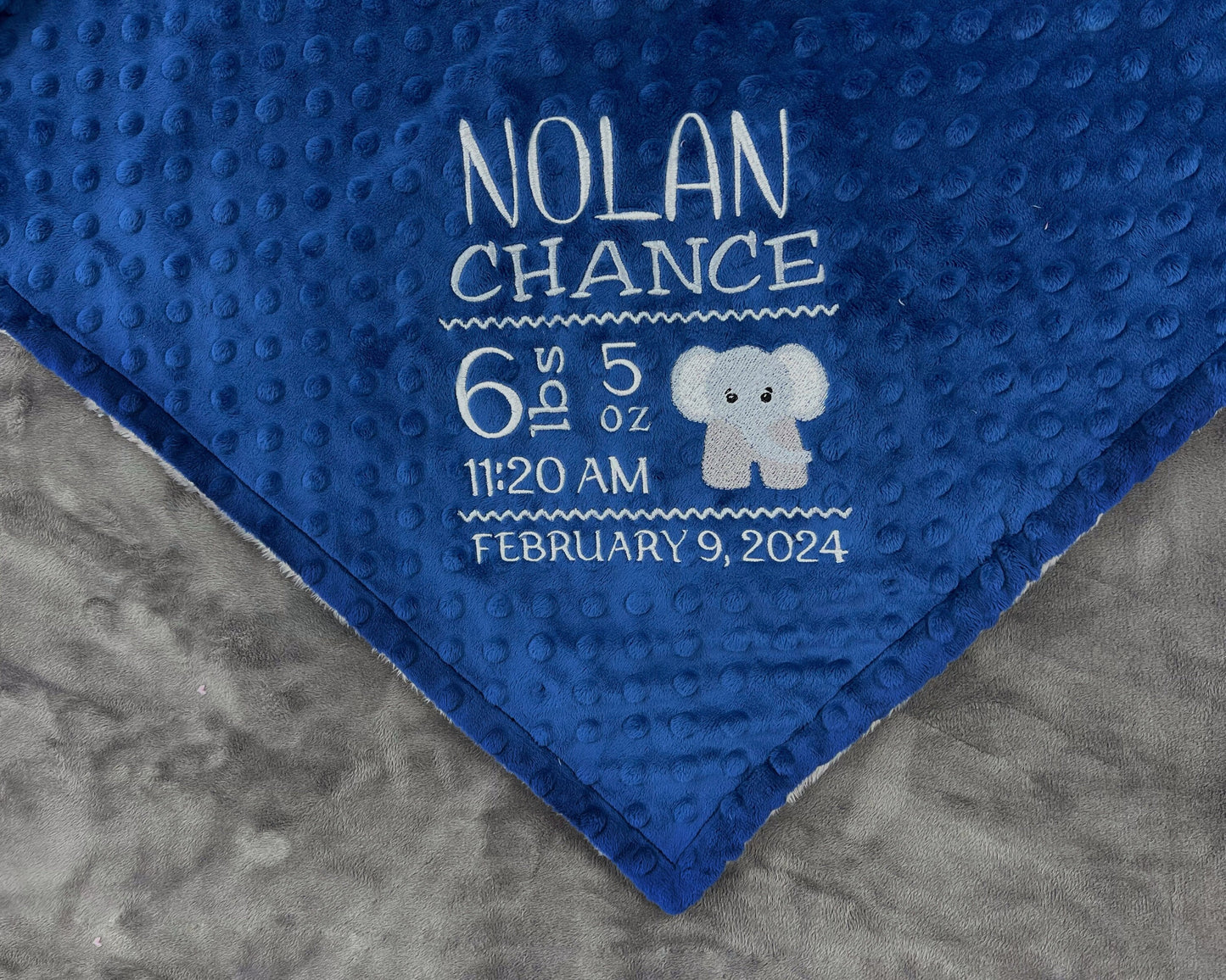 Birth Stats Blanket, Midnight Blue and Gray Minky, Elephant Birth Stats, Newborn Gift for Boy, Personalized Gift for Baby, Zoo Animal Decor