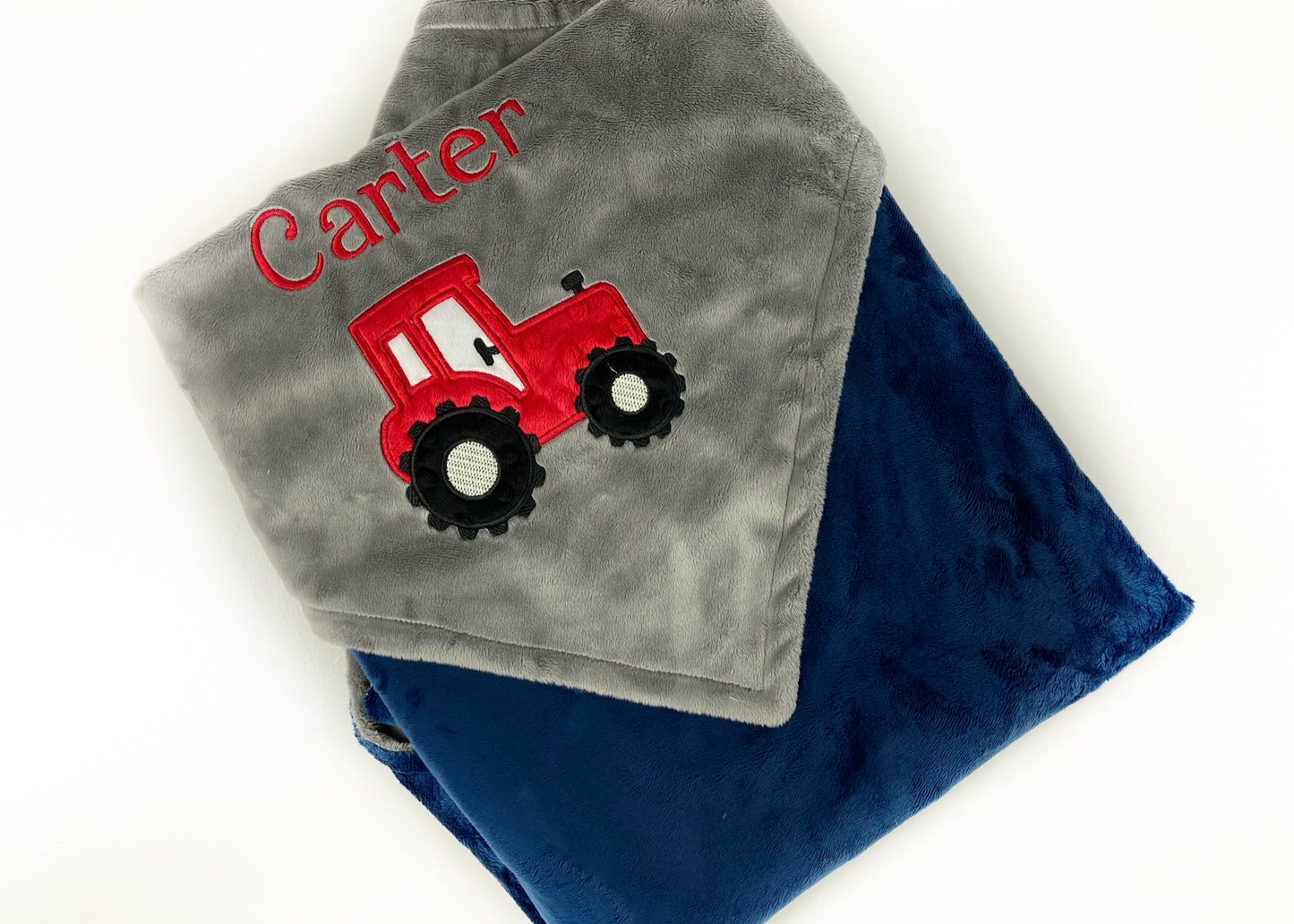 Personalized Tractor Blanket, Navy, Gray and Red, Personalized Blanket, Keepsake Gift for Newborn Baby