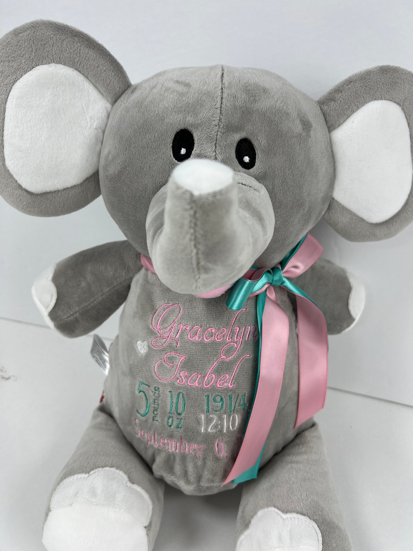 Personalized Stuffed Elephant, Gray Elephant, Customize with Name or Birth Stats, Keepsake Baby Gift, Photo Prop Elephant