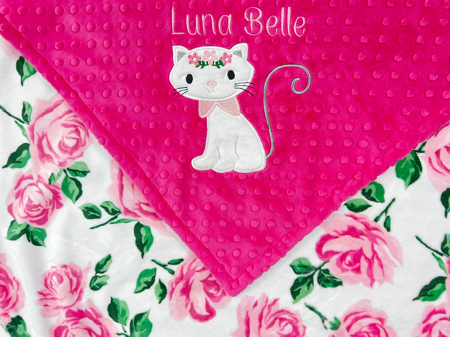 Minky Baby Blanket, Pink and White Kitty Blanket, Personalized with Name, Newborn Gift for Girls, Keepsake Gift