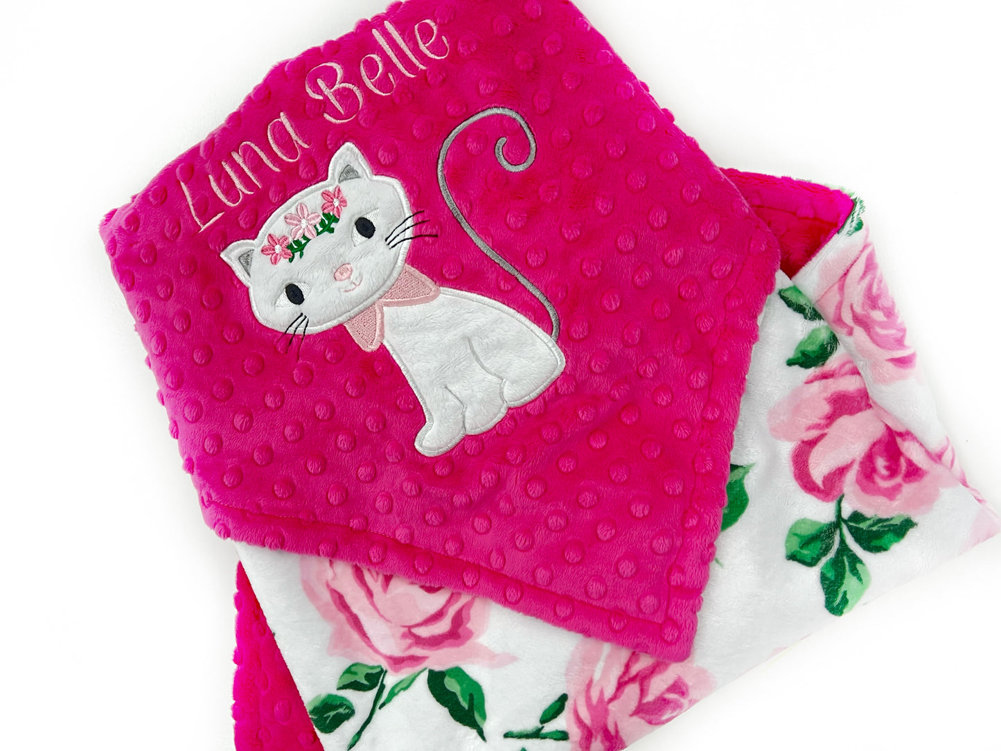 Minky Baby Blanket, Pink and White Kitty Blanket, Personalized with Name, Newborn Gift for Girls, Keepsake Gift