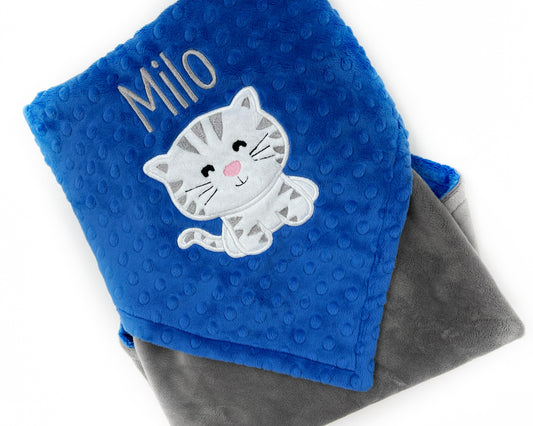 Blue Kitty Blanket, Minky Throw Blanket, Large Blue Throw for Cat Lovers