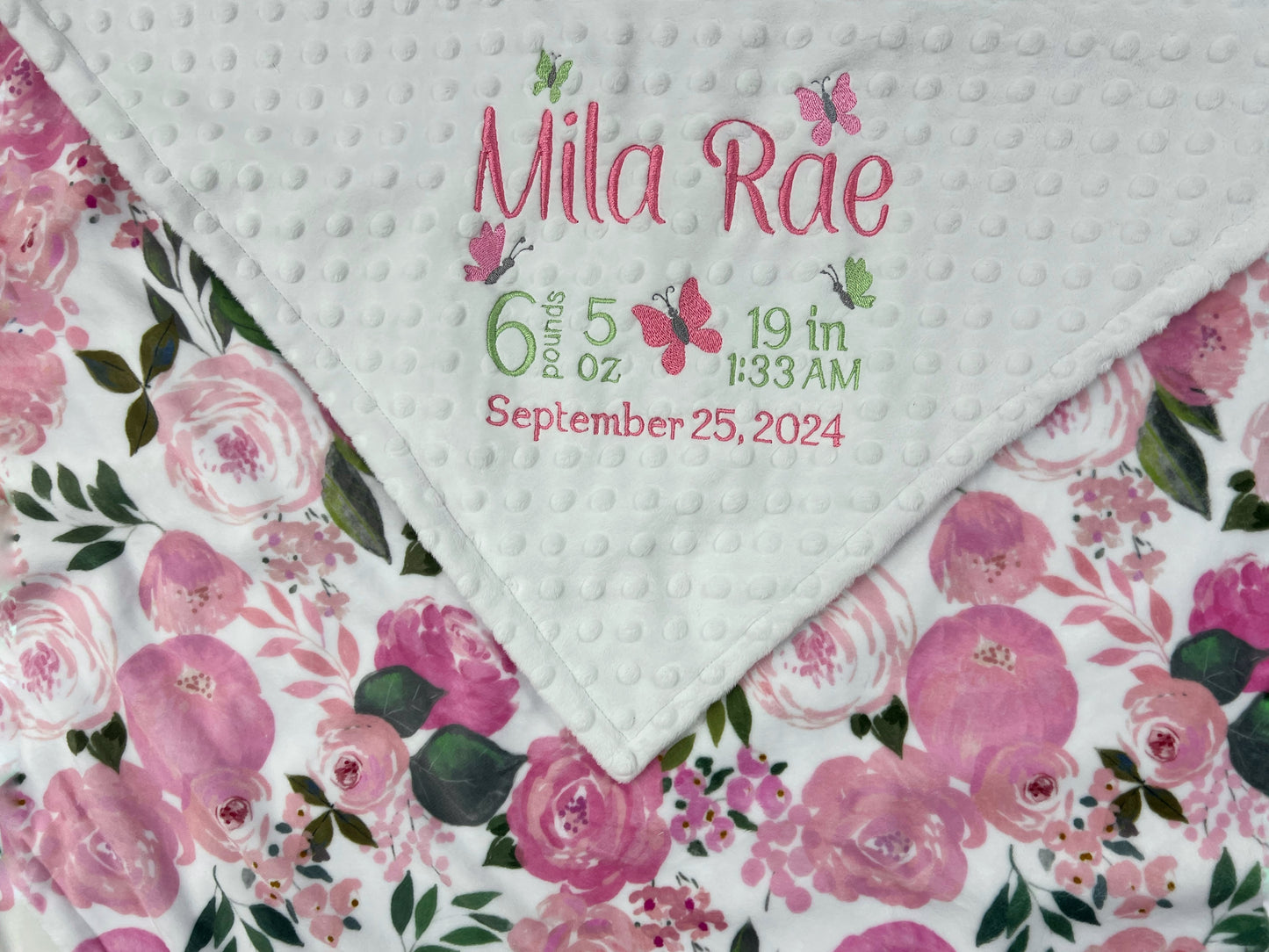 Personalized Minky Blanket, White with Pink Floral Minky, Plush Newborn Baby Blanket, Keepsake Gift for Girls, Embroidered Birth Stats Blanket