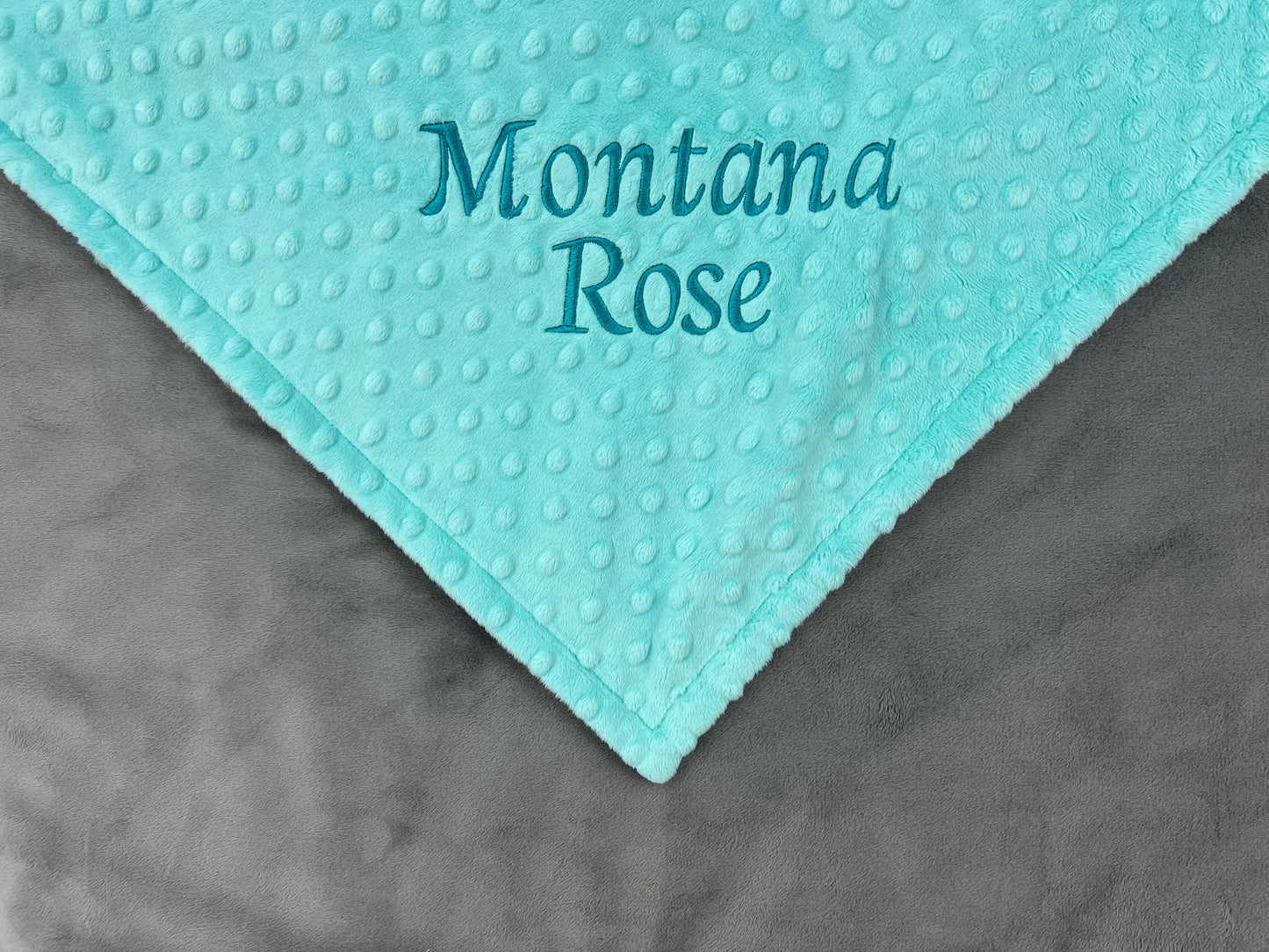 Minky Baby Blanket, Embroidered Name, Aqua and Gray, Personalized Baby Gift, Gender Neutral, Keepsake Gift for Toddler, Daycare Blanket