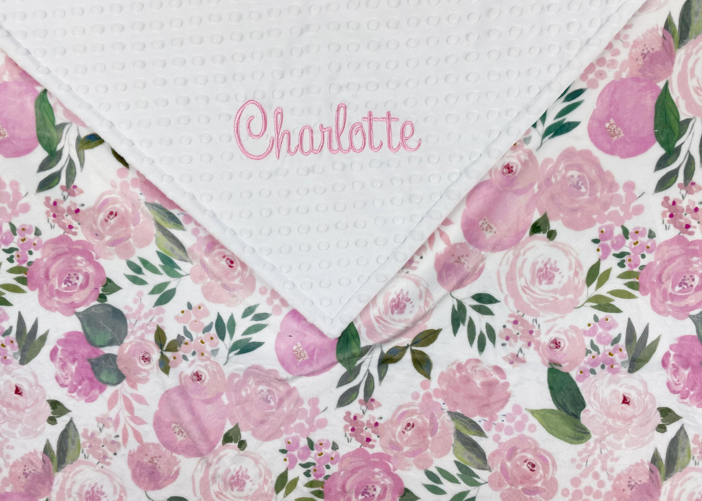 Personalized Baby Blanket, White with Pink Flowers Minky, Plush Newborn Baby Blanket, Keepsake Gift for Girls, Embroidered Name Blanket