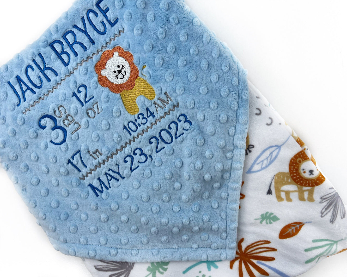 Personalized Baby Blanket, Blue Minky, Zoo Animals Nursery, Jungle Friends, Birth Stats and Lion, Custom Blanket, Baby Gift for Grandson