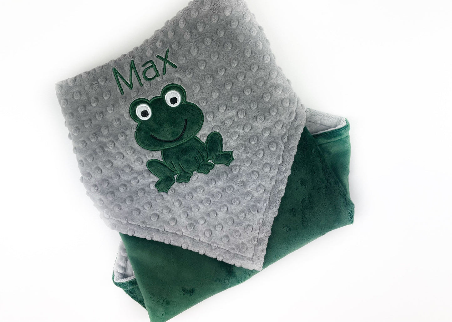 Frog Baby Blanket, Green and Gray Minky, Embroidered Name or Birth Stats, Plush Keepsake Gift, Personalized Gift for Baby