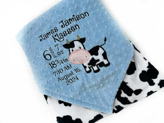 Personalized Baby Blanket, Light Blue Minky, Farm Cow Print, Birth Stats Blanket, Keepsake Gift for Baby Boy, Dairy Farm Cow