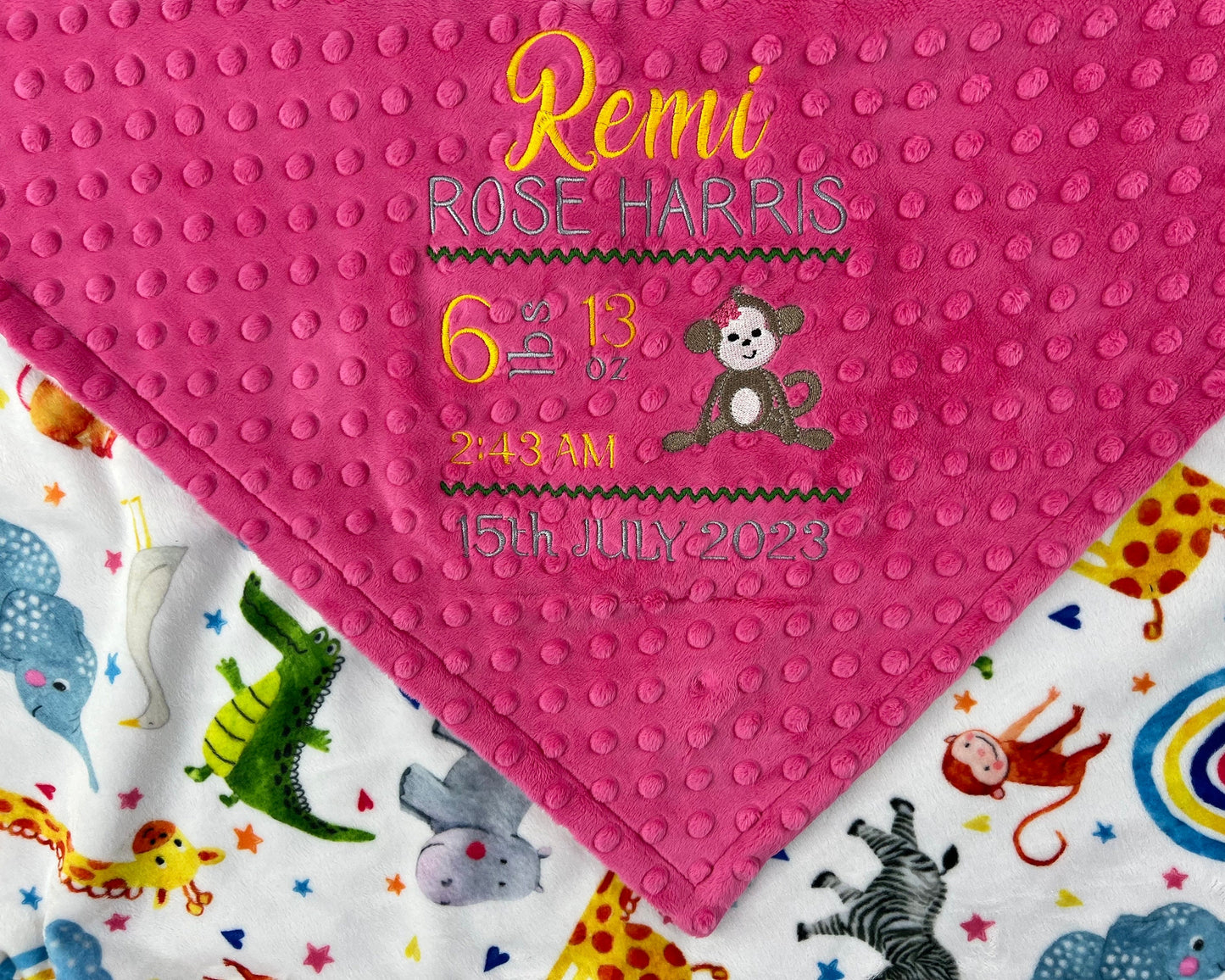 Personalized Minky Blanket, Fuchsia Pink Baby Blanket, Zoo Animals Minky, Embroidered Birth Stats and Monkey Design, Gift for Baby Girl