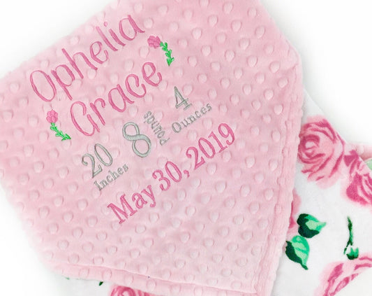 Baby Girl Blanket, Pink Roses Minky, Personalized with Name, Birth Stats Blanket, Keepsake Gift for Baby Girl, Welcome Gift for Newborn