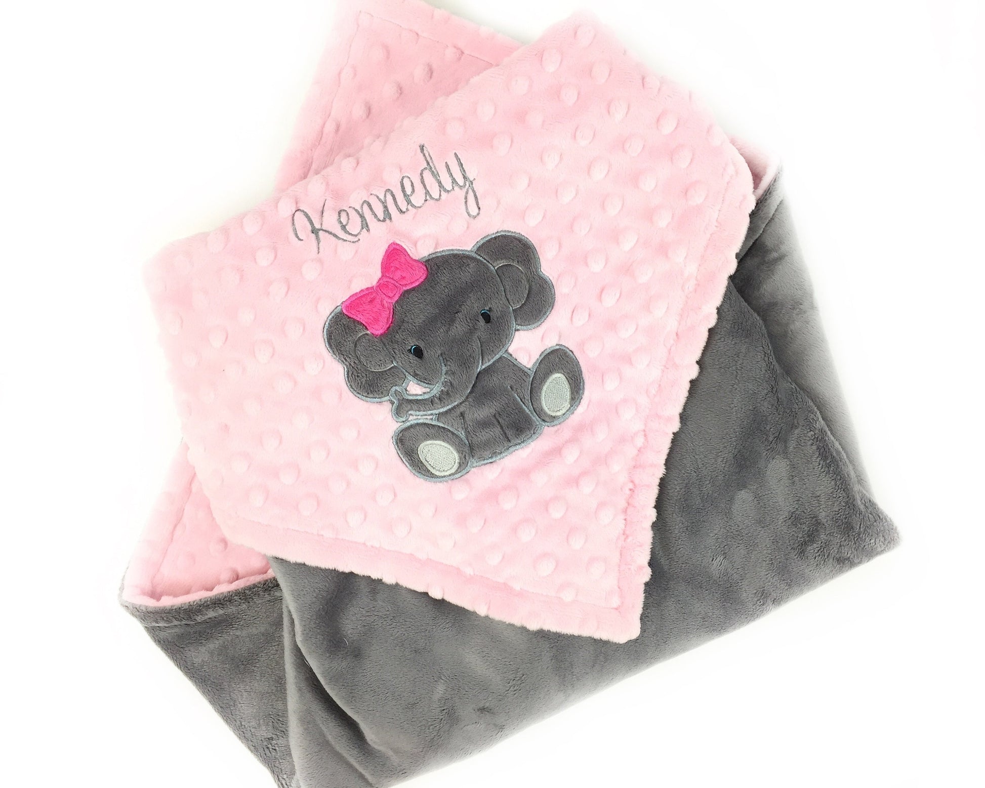 Pink Baby Blanket, Personalized Blanket, Plush Minky Blanket, Pink Gray Minky, Elephant Blanket