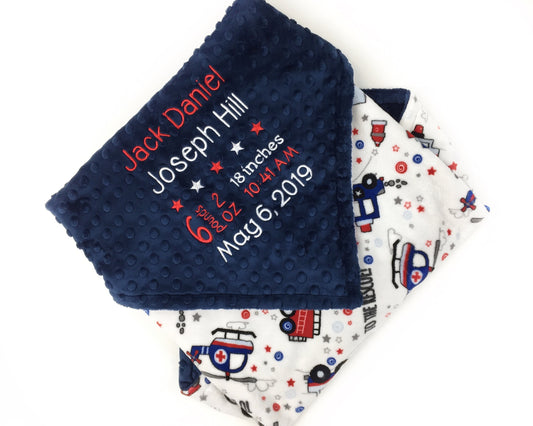 Personalized Blanket, Baby Birth Stats, Navy and Red, Fire Trucks, Police Cars, Keepsake Baby Gift