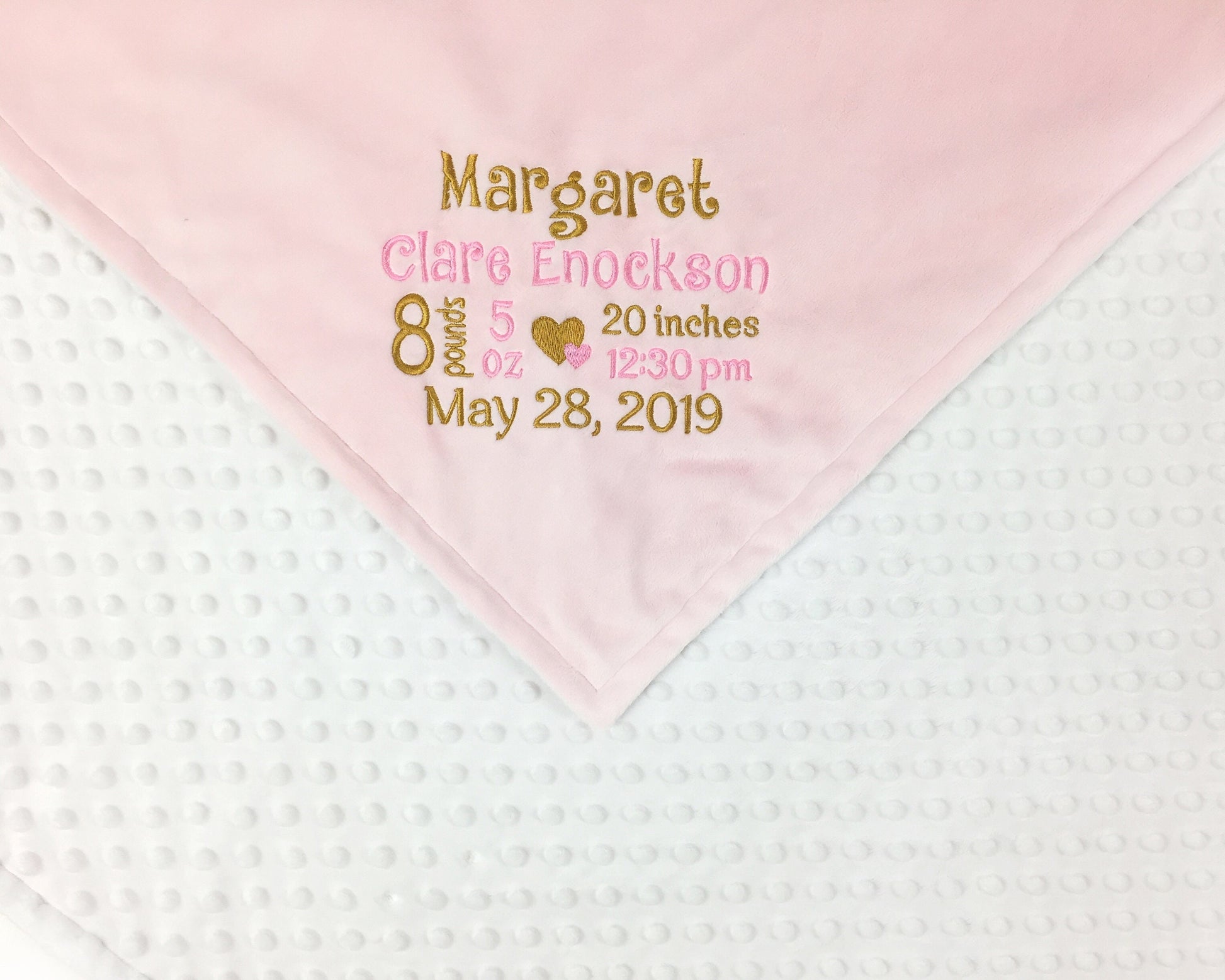 Minky Baby Blanket, Pink Gold and White, Personalize with Name or Birth Stats, Keepsake Baby Gift