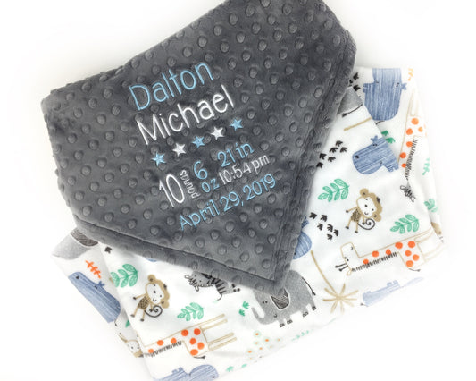 Personalized Blanket, Minky Baby Blanket, Blue Gray Zoo Animals, Embroidered Name, Keepsake Gift, Birth Stats Blanket, Welcome Gift for Baby