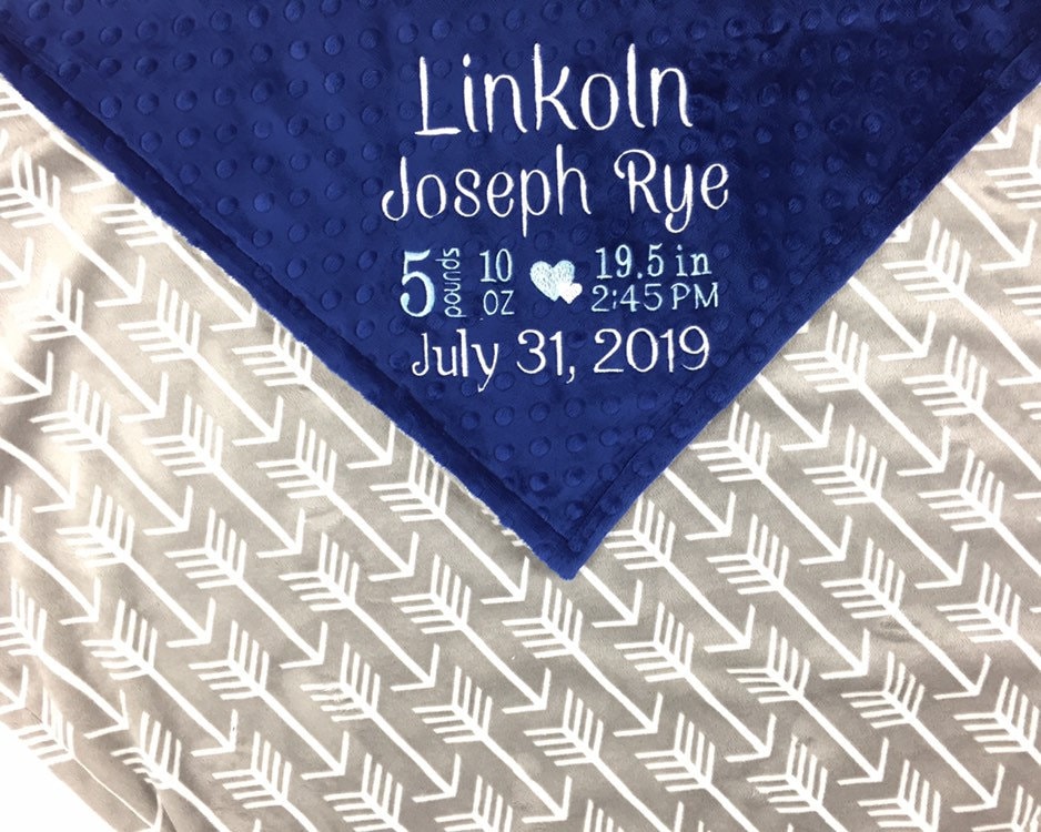 Personalized Baby Blanket, Blue and Grey Minky, Embroidered Name or Birth Stats, Keepsake Baby Gift, Blue Minky Blanket, Newborn Baby Gift