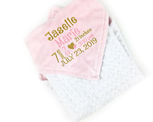 Minky Baby Blanket, Pink Gold and White, Personalize with Name or Birth Stats, Keepsake Baby Gift