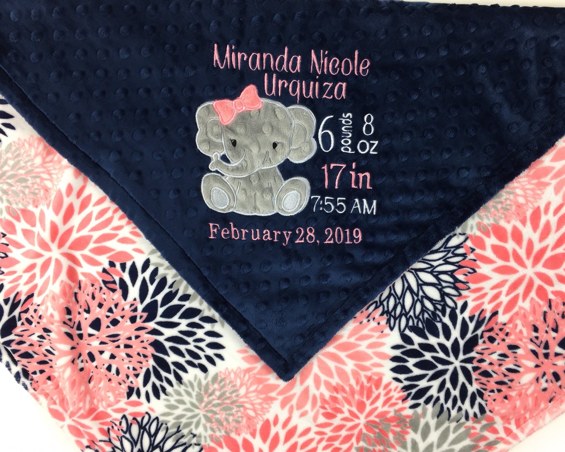 Personalized Baby Blanket, Coral and Navy Minky, Elephant Applique Blanket, Personalized Gift, Birth Stats Blanket, Keepsake Gift