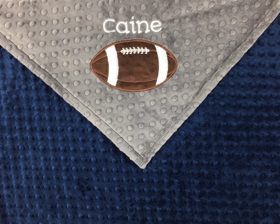 Personalized Football Blanket, Gray and Navy Minky, Gift for Football Fan, Toddler Blanket, Plush Baby Gift, Navy Blanket