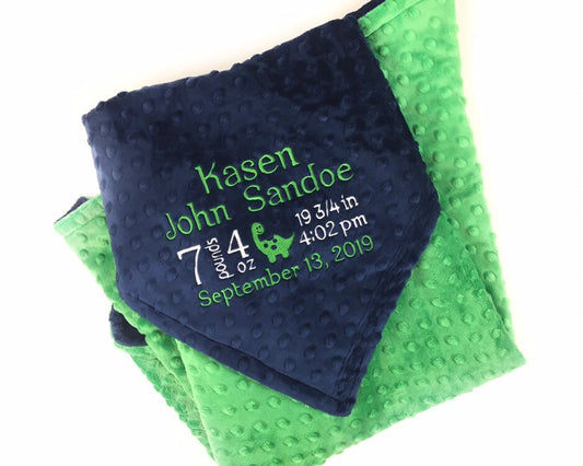 Personalized Baby Blanket, Navy and Green Minky, Baby Birth Stats Blanket, Keepsake Baby Gift, Dinosaur Blanket, Birth Stats Gift for Baby