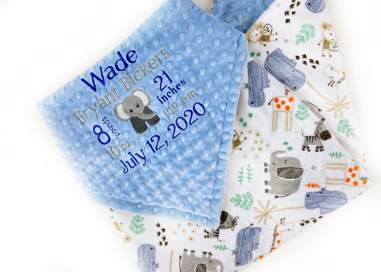 Personalized Minky Baby Blanket, Blue and Gray Zoo Animals, Embroidered Minky with Birth Stats, Baby Boy Gift, Jungle Nursery Theme