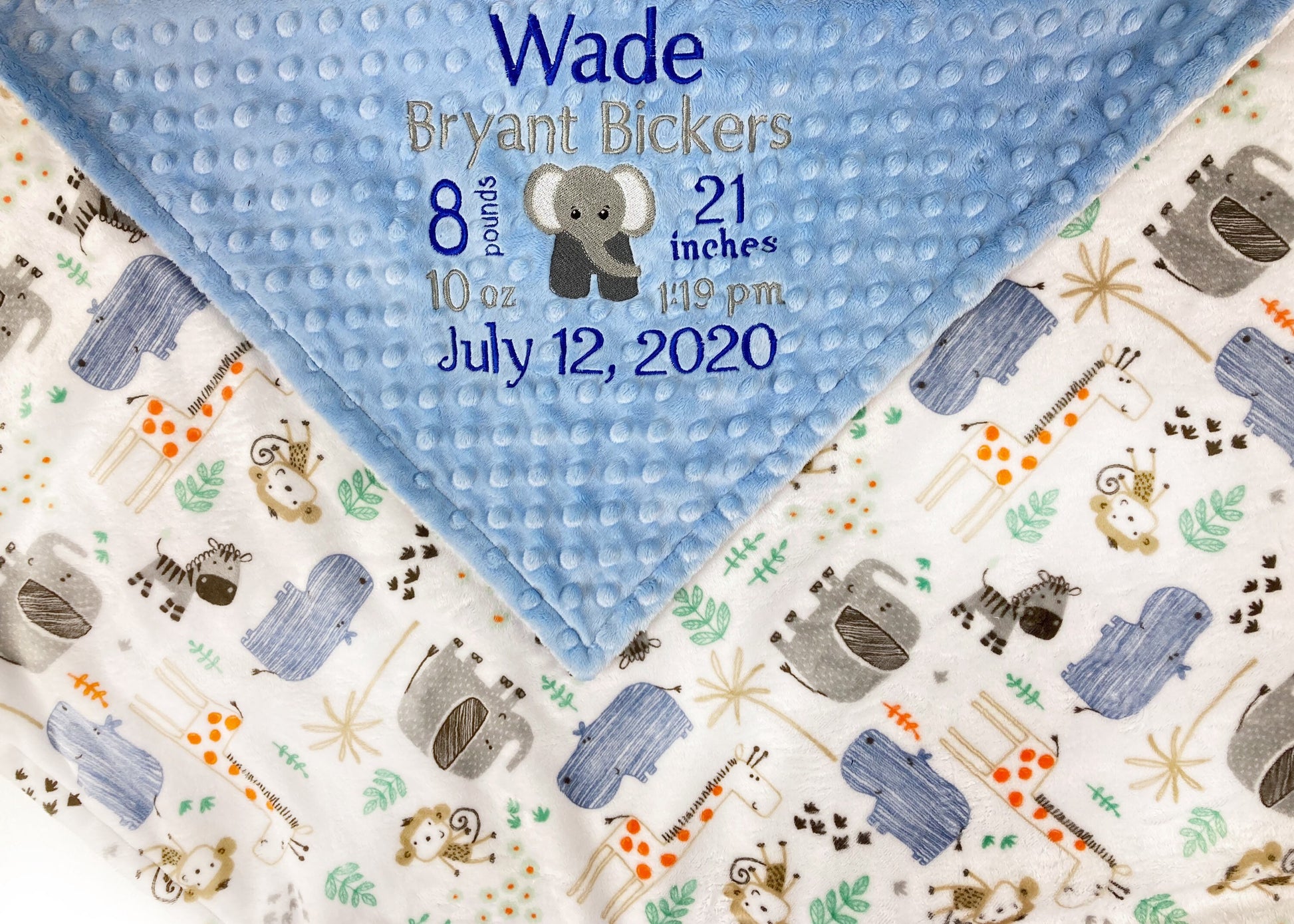 Personalized Minky Baby Blanket, Blue and Gray Zoo Animals, Embroidered Minky with Birth Stats, Baby Boy Gift, Jungle Nursery Theme