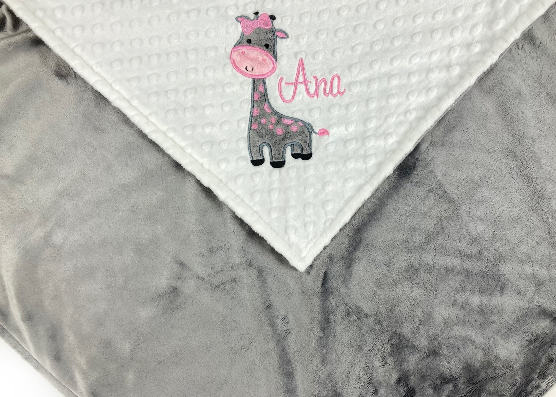 Personalized Baby Blanket in White and Gray Minky with a Giraffe Applique a Plush Keepsake Gift