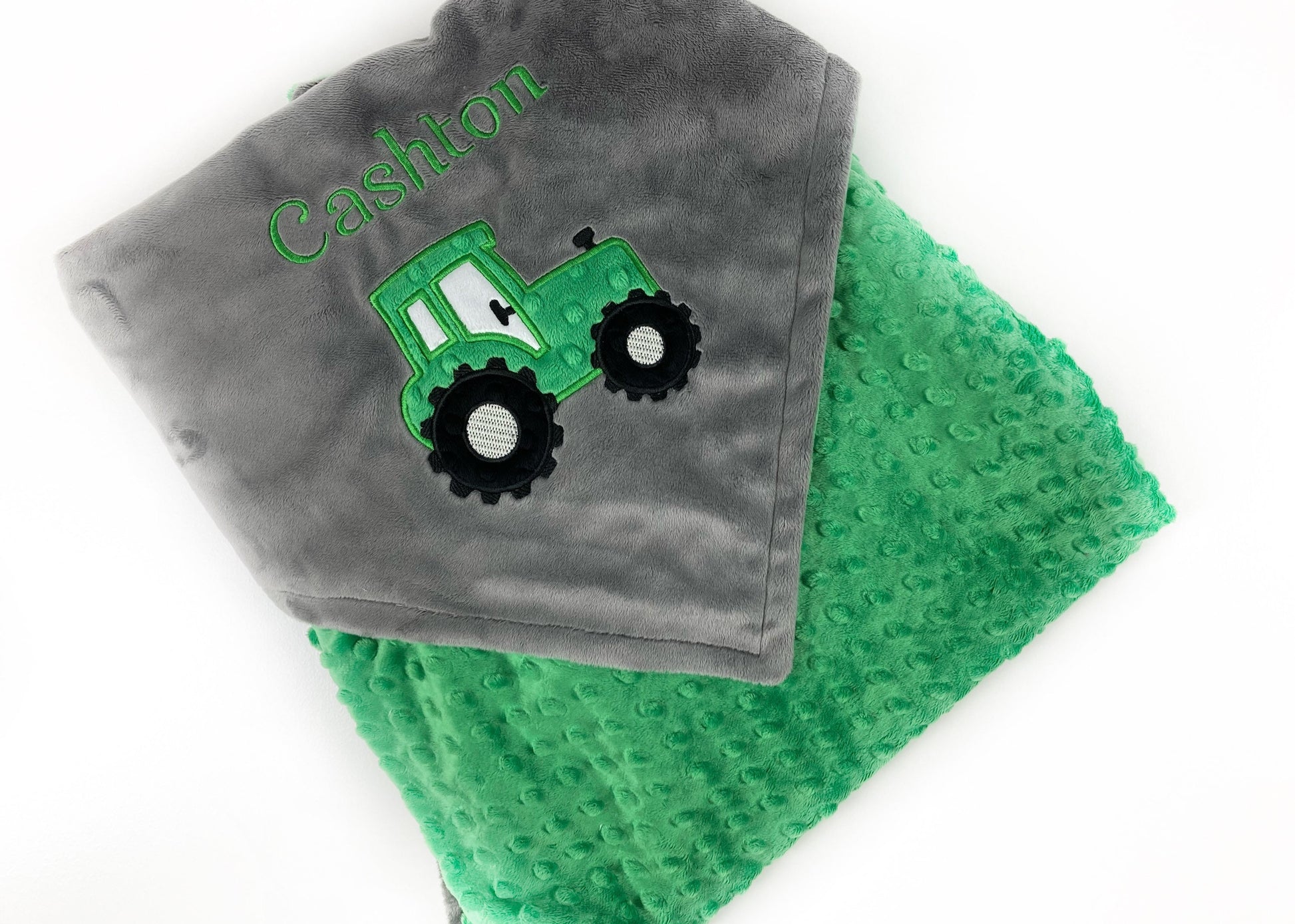 Tractor Blanket, Gray and Green Minky, Personalized Gift, Baby Keepsake, Option for Birth Stats, Embroidered Blanket