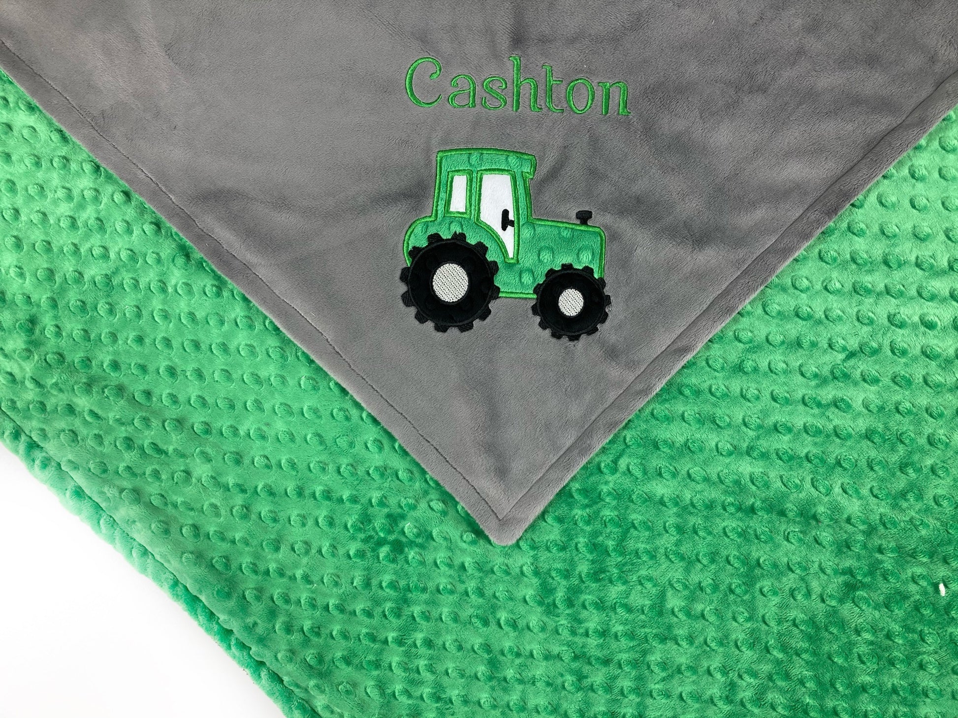 Tractor Blanket, Gray and Green Minky, Personalized Gift, Baby Keepsake, Option for Birth Stats, Embroidered Blanket