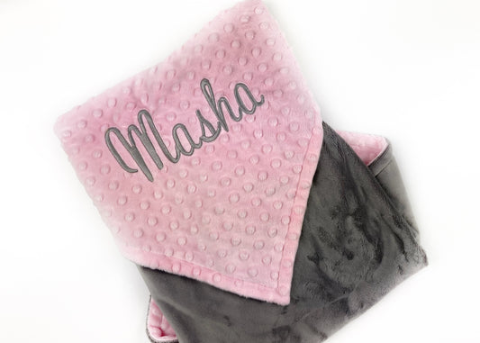 Baby Minky Blanket, Embroidered Name, Pink and Gray, Personalized Gift for Baby, Birth Stats Blanket, Keepsake Gift for Baby Girl