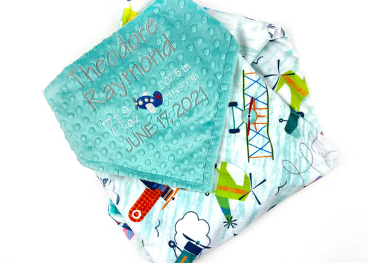 Birth Stats Baby Blanket, Aqua Airplane Minky, Unique Personalized Gift, Minky Blanket Gift for Baby Boy, Birth Stats Gift for Baby Boys