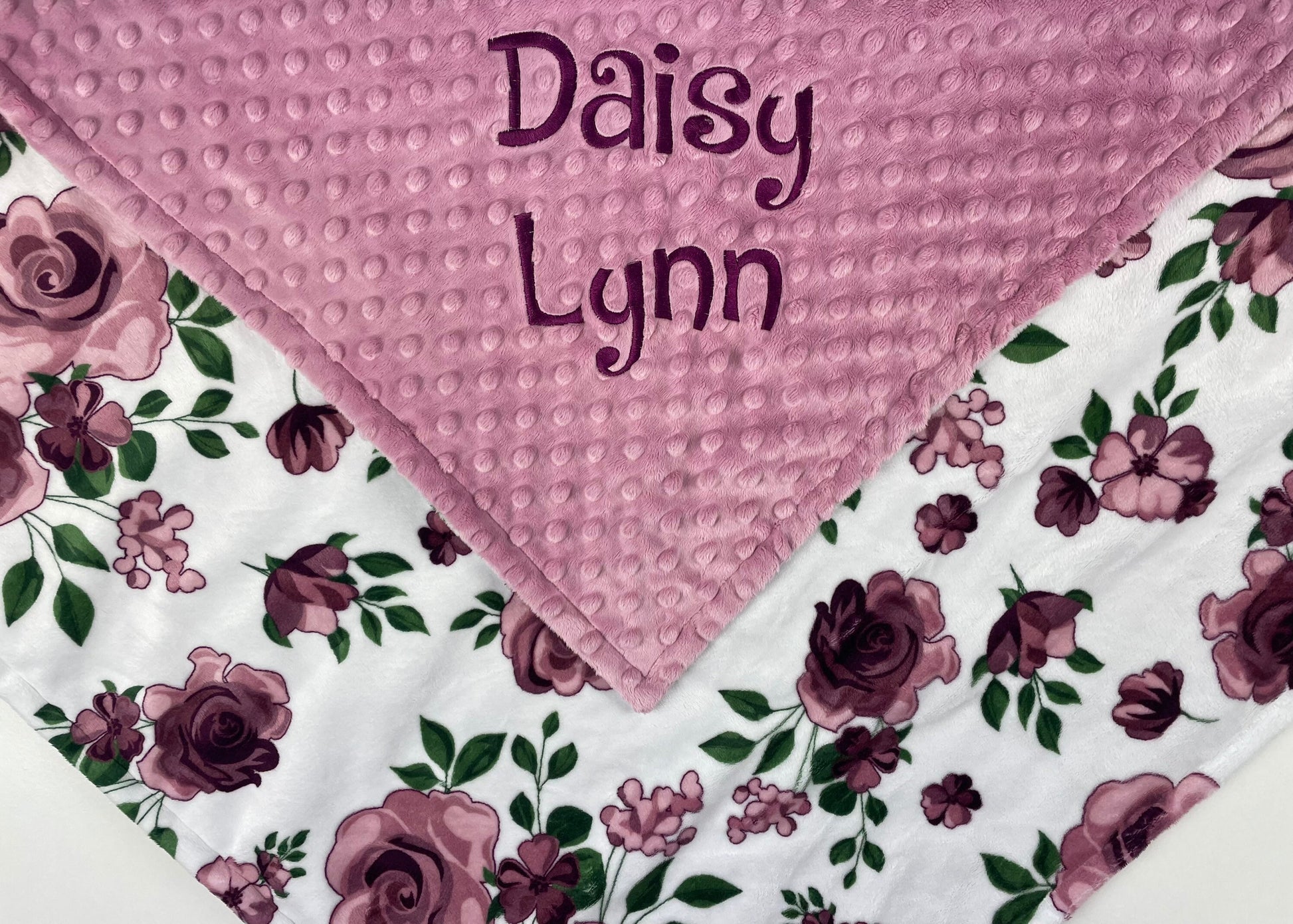 Personalized Baby Blanket, Embroidered Name, Dusty Pink Minky, Plum Flowers, Baby Keepsake Gift, Baby Shower Gift for Girls