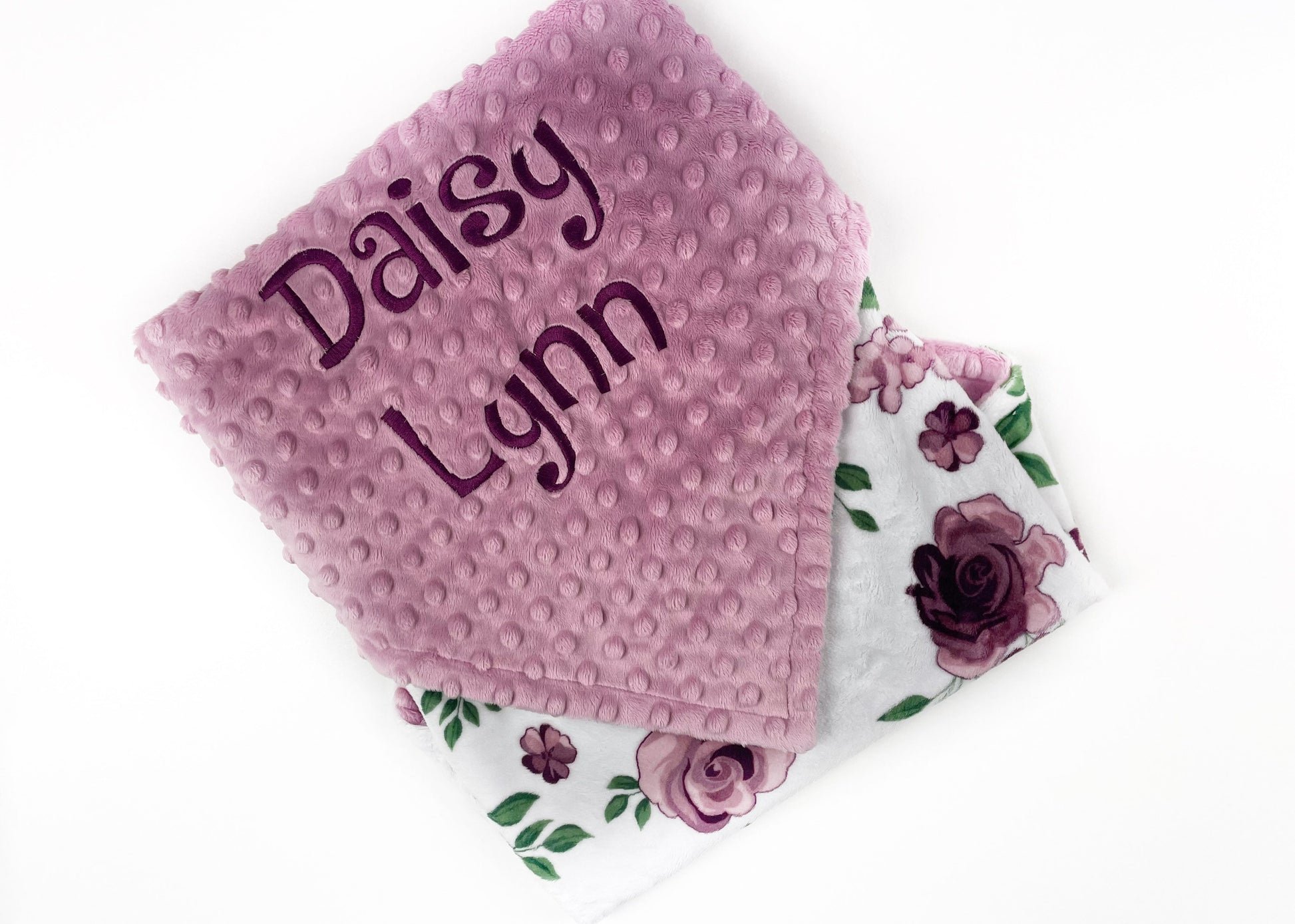 Personalized Baby Blanket, Embroidered Name, Dusty Pink Minky, Plum Flowers, Baby Keepsake Gift, Baby Shower Gift for Girls