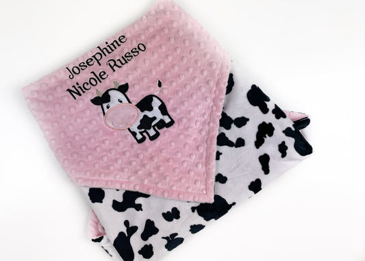 Personalized Baby Blanket, Blush Pink Minky, Black White Cow Print Minky, Name Blanket, Gift for Baby Shower, Blanket for Birthday Girl