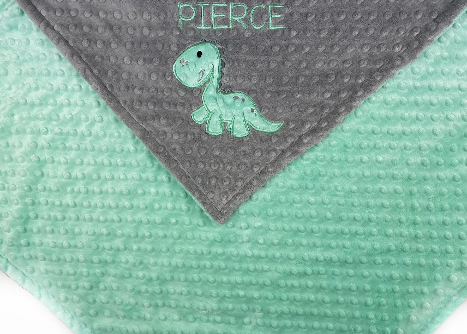 Dinosaur Minky Blanket, Mint Green and Gray, Personalized Baby Blanket, Name or Birth Stats, Plush Keepsake Gift for Infant Toddler