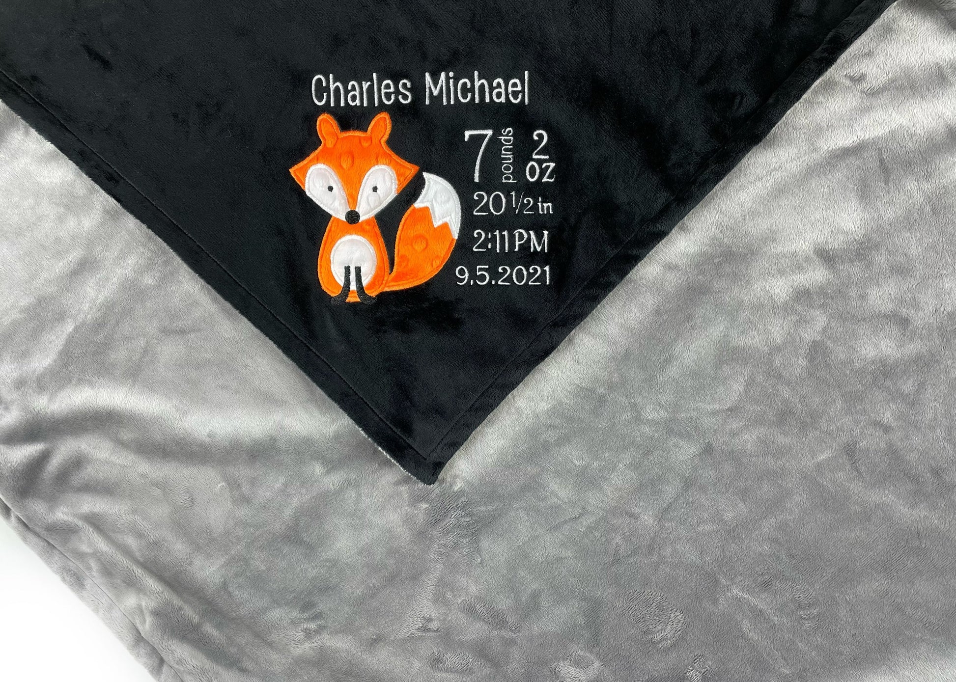 Personalized Minky Baby Blanket in Black and Gray and Woodland Fox Design, Toddler Boy Birthday Gift, Newborn Keepsake Gift