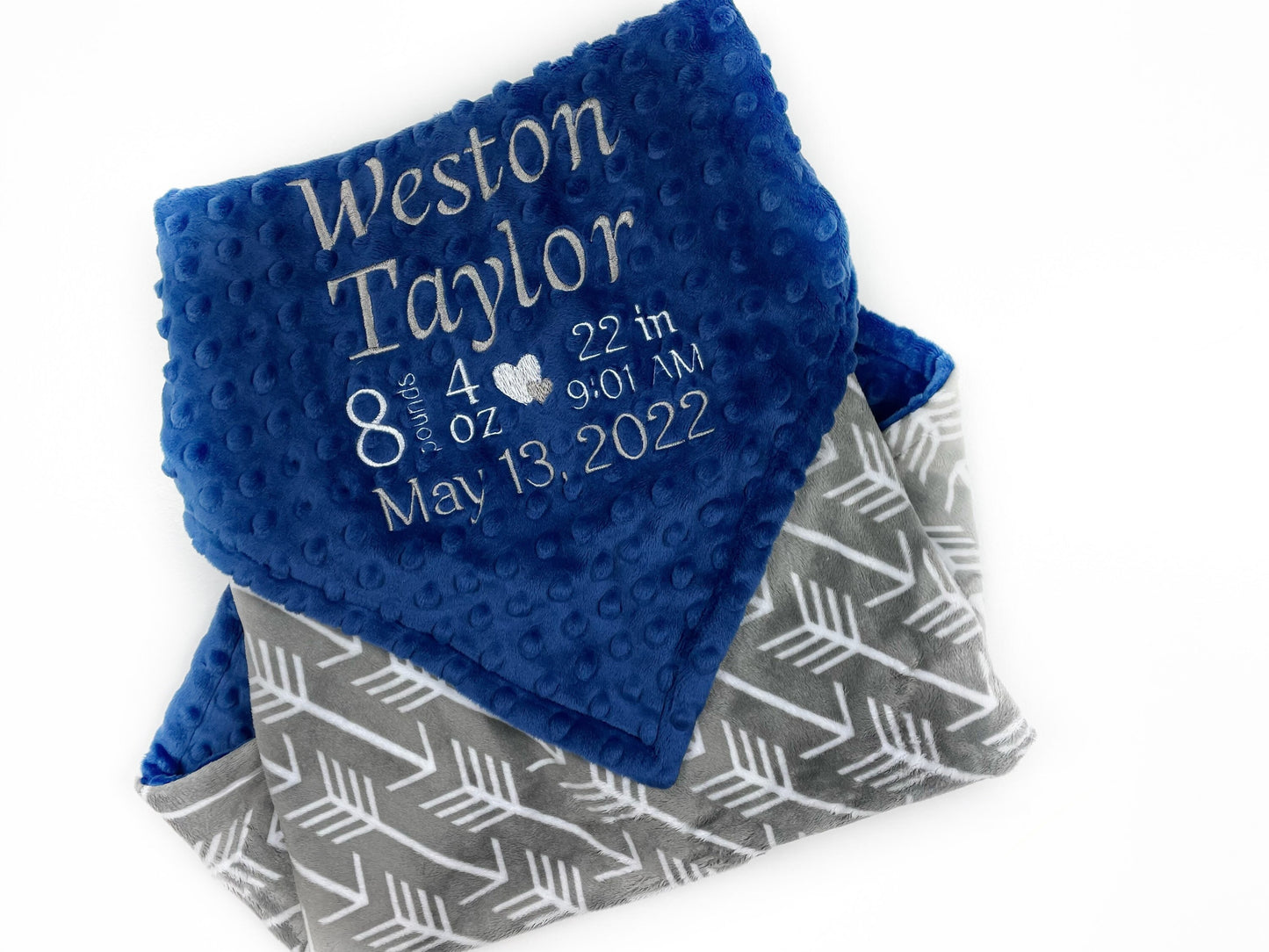 Personalized Baby Blanket, Blue and Grey Minky, Embroidered Name or Birth Stats, Keepsake Baby Gift, Blue Minky Blanket, Newborn Baby Gift