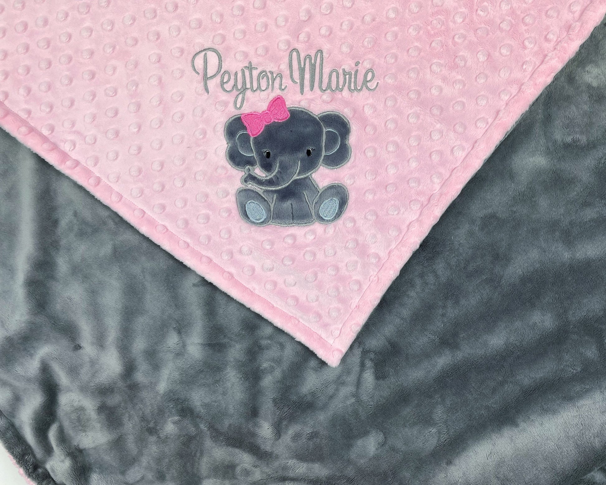 Pink Baby Blanket, Personalized Blanket, Plush Minky Blanket, Pink Gray Minky, Elephant Blanket