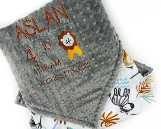 Personalized Baby Blanket, Gray Zoo Animals, Jungle Friends Minky, Birth Stats Blanket, Keepsake Baby Gift