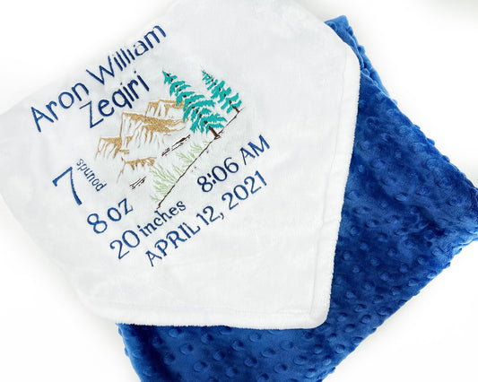 Personalized Baby Blanket, White and Blue Minky, Embroidered Mountain Design, Birth Stats, Plush Keepsake Gift, Mountain Nursery Theme