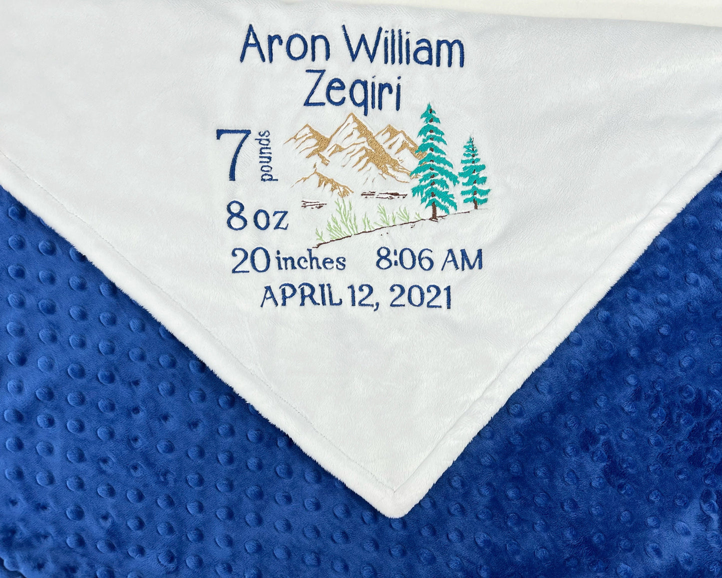 Personalized Baby Blanket, White and Blue Minky, Embroidered Mountain Design, Birth Stats, Plush Keepsake Gift, Mountain Nursery Theme