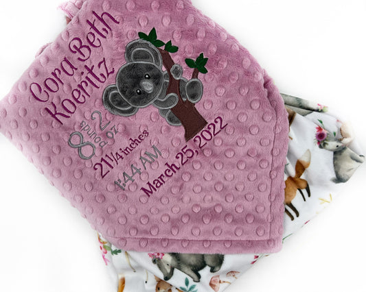 Personalized Baby Blanket, Koala Bear Design, Dusty Rose Pink, Woodland Animal Minky, Woodland Animal Nursery Decor, Blanket for Baby Girl