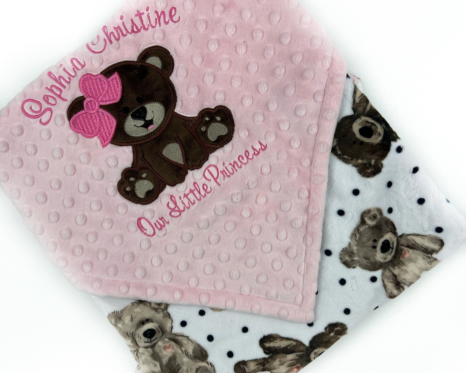 Baby Blanket with Teddy Bear in Pink and Brown and Personalized with Name, a Keepsake Gift