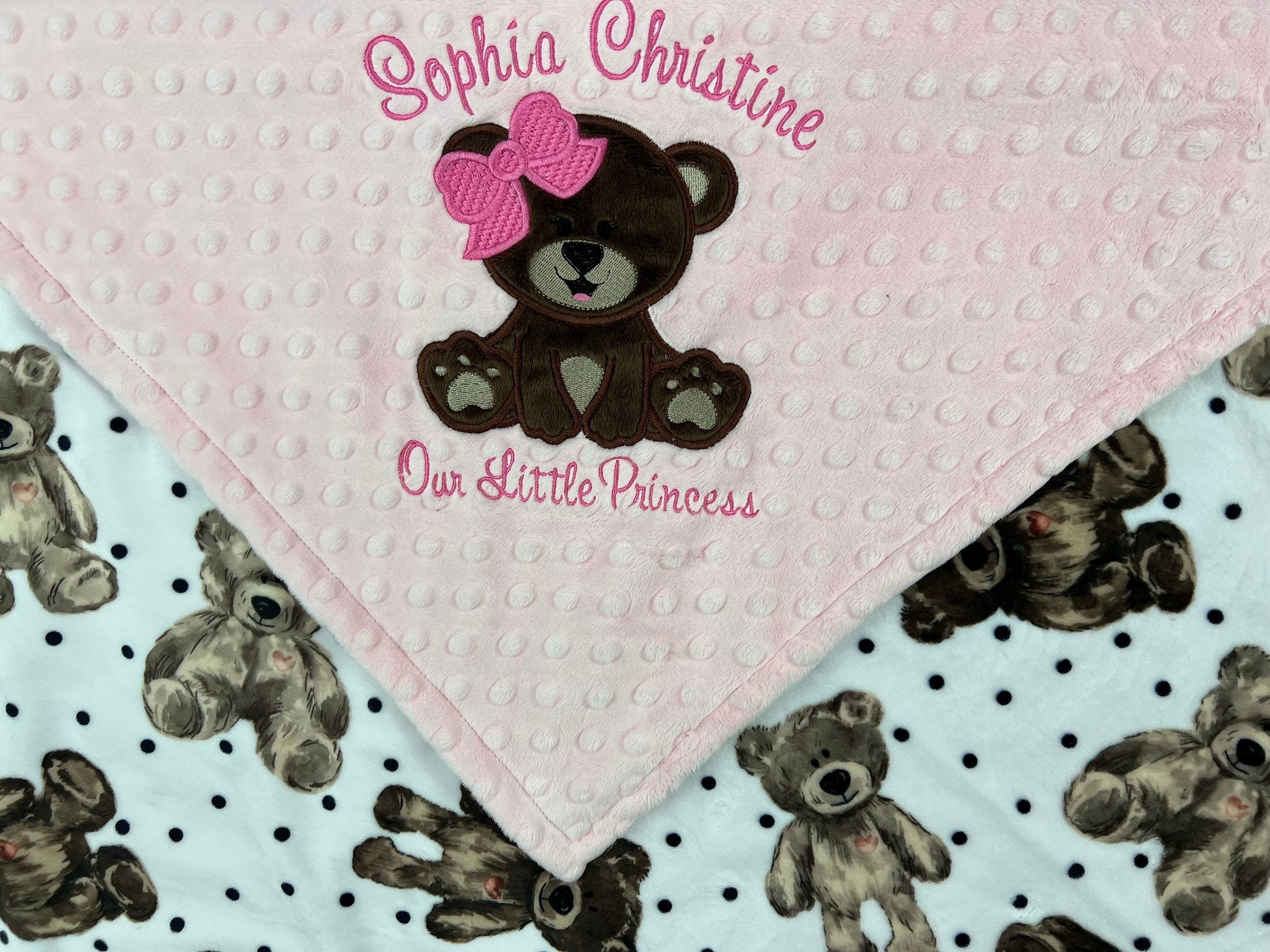 Baby Blanket with Teddy Bear in Pink and Brown and Personalized with Name, a Keepsake Gift