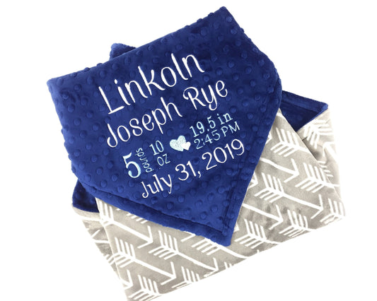 Personalized Baby Blanket, Blue and Grey Minky, Embroidered Name or Birth Stats, Keepsake Baby Gift, Blue Minky Blanket, Newborn Baby Gift