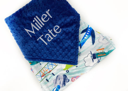 Personalized Minky Blanket, Blue Airplane, Blanket for Baby or Toddler, Airplane Blanket, Embroidered Name or Birth Stats, Keepsake Gift