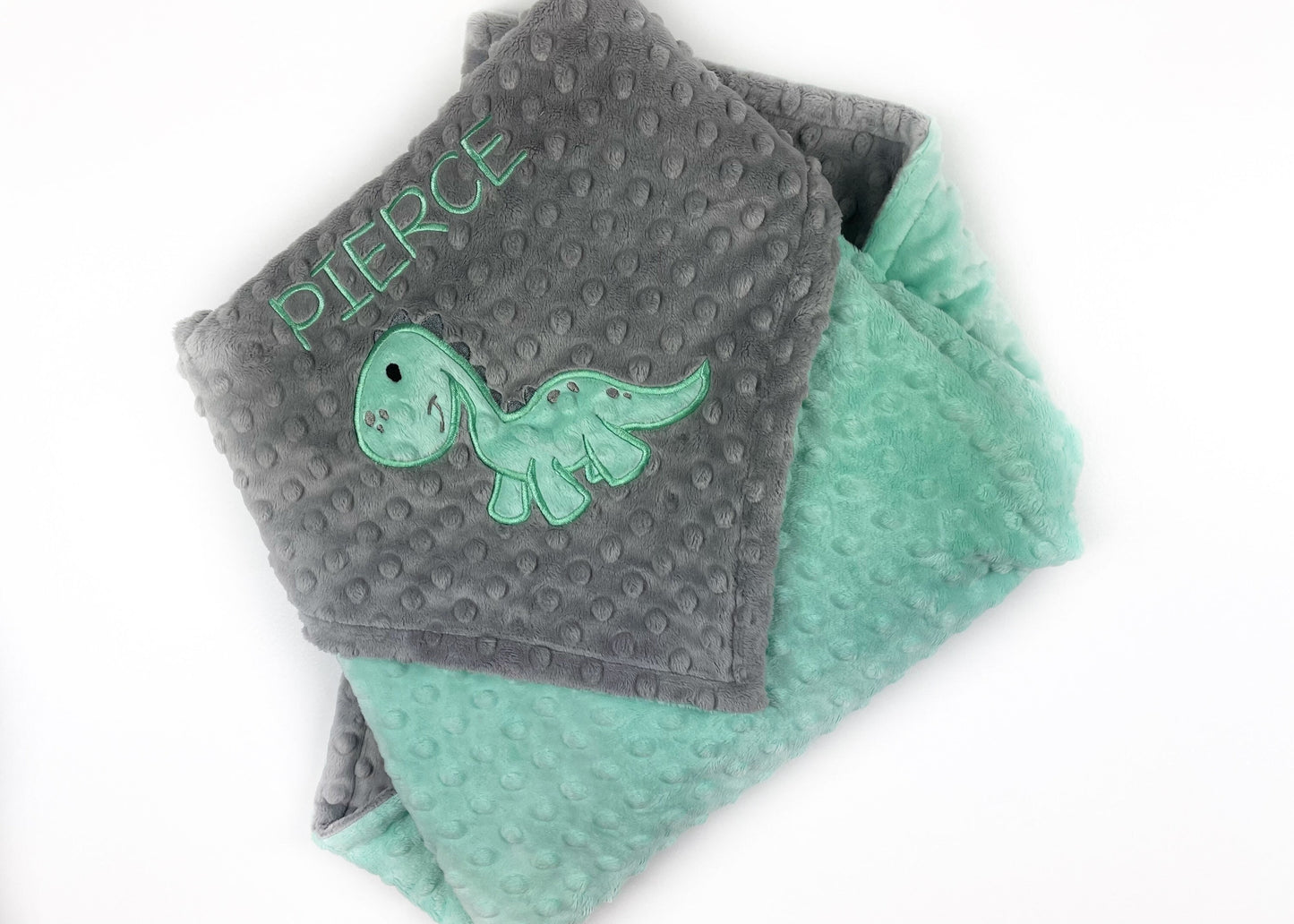 Dinosaur Minky Blanket, Mint Green and Gray, Personalized Baby Blanket, Name or Birth Stats, Plush Keepsake Gift for Infant Toddler